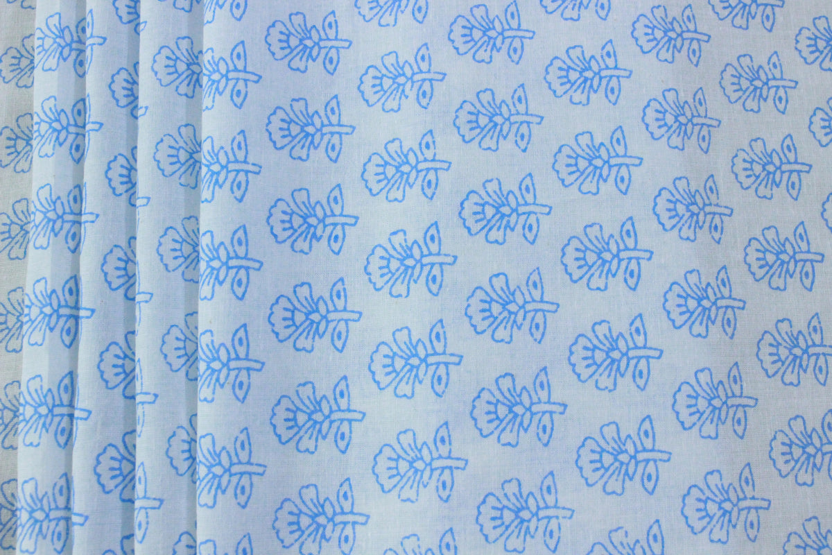 Blue Floral Hand Block Print Cotton Fabric - Indian Mughal Design