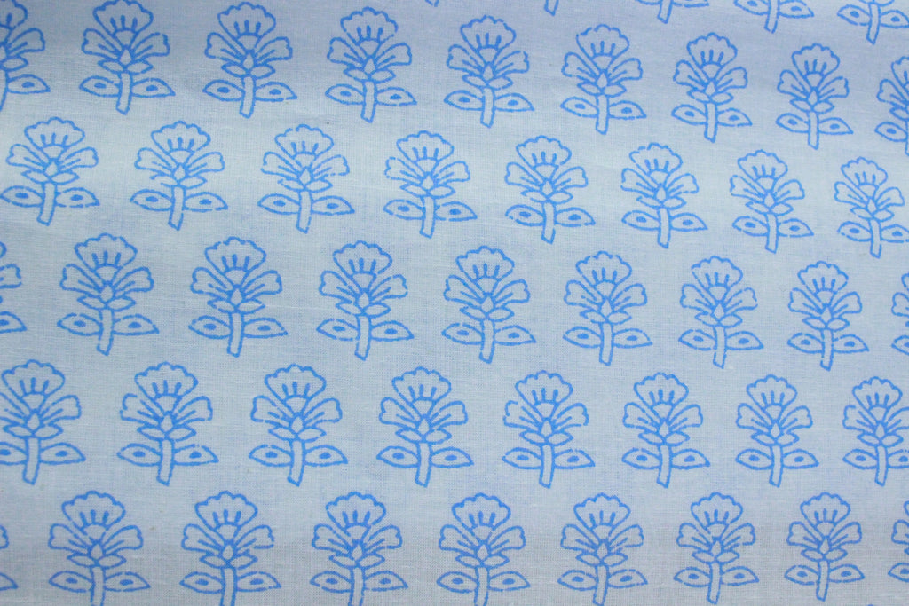 Blue Floral Hand Block Print Cotton Fabric - Indian Mughal Design