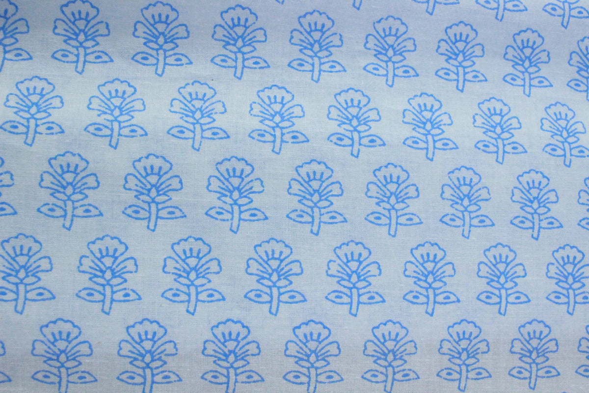 Blue Floral Hand Block Print Cotton Fabric - Indian Mughal Design