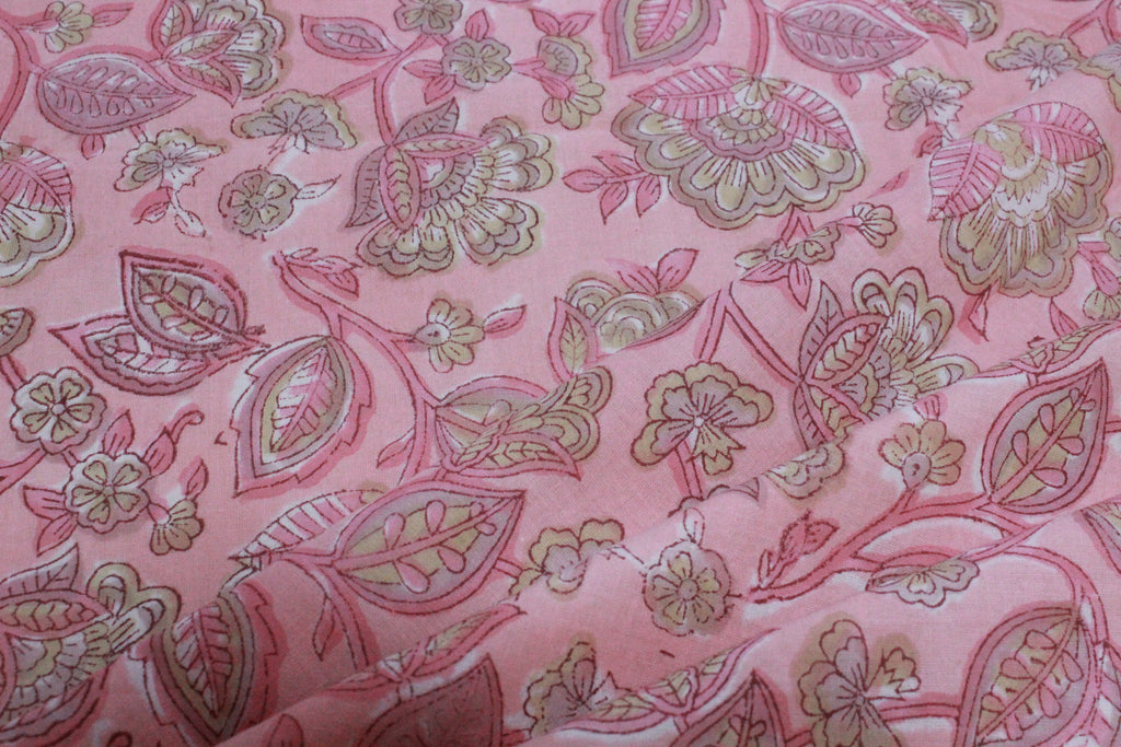 Pink Floral Cotton Fabric: Hand Block Print Indian Fabric by the Yard