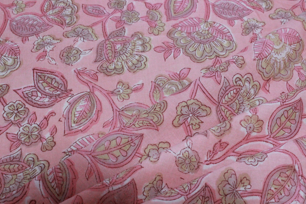 Pink Floral Cotton Fabric: Hand Block Print Indian Fabric by the Yard