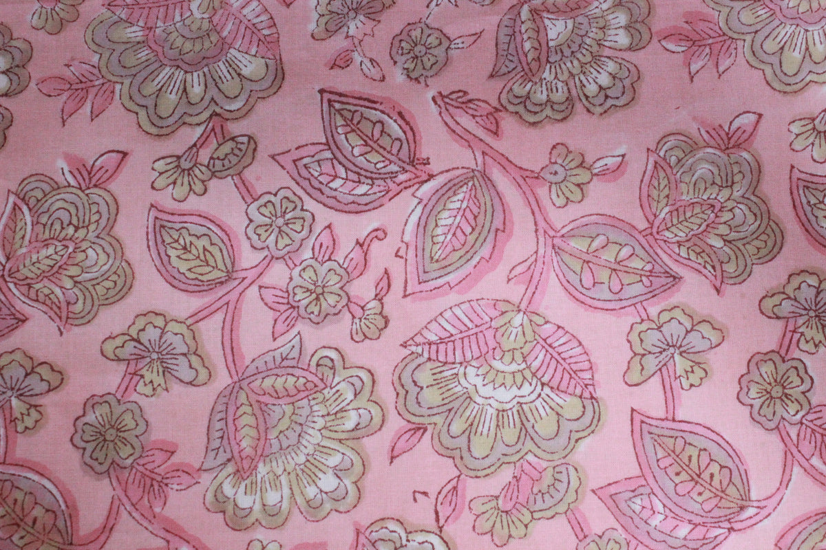 Pink Floral Cotton Fabric: Hand Block Print Indian Fabric by the Yard