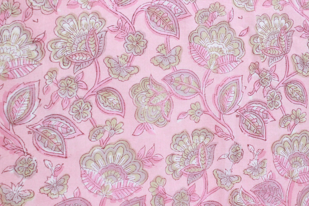 Pink Floral Cotton Fabric: Hand Block Print Indian Fabric by the Yard