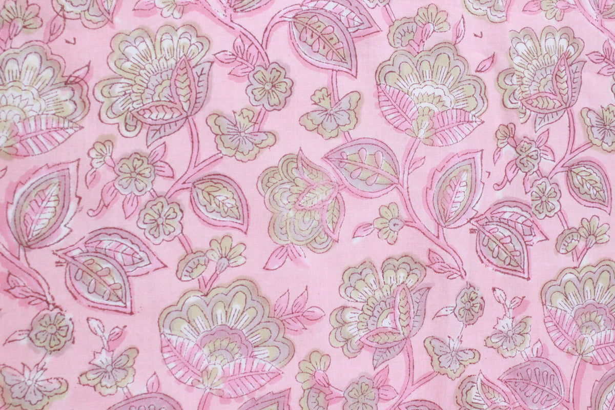 Pink Floral Cotton Fabric: Hand Block Print Indian Fabric by the Yard