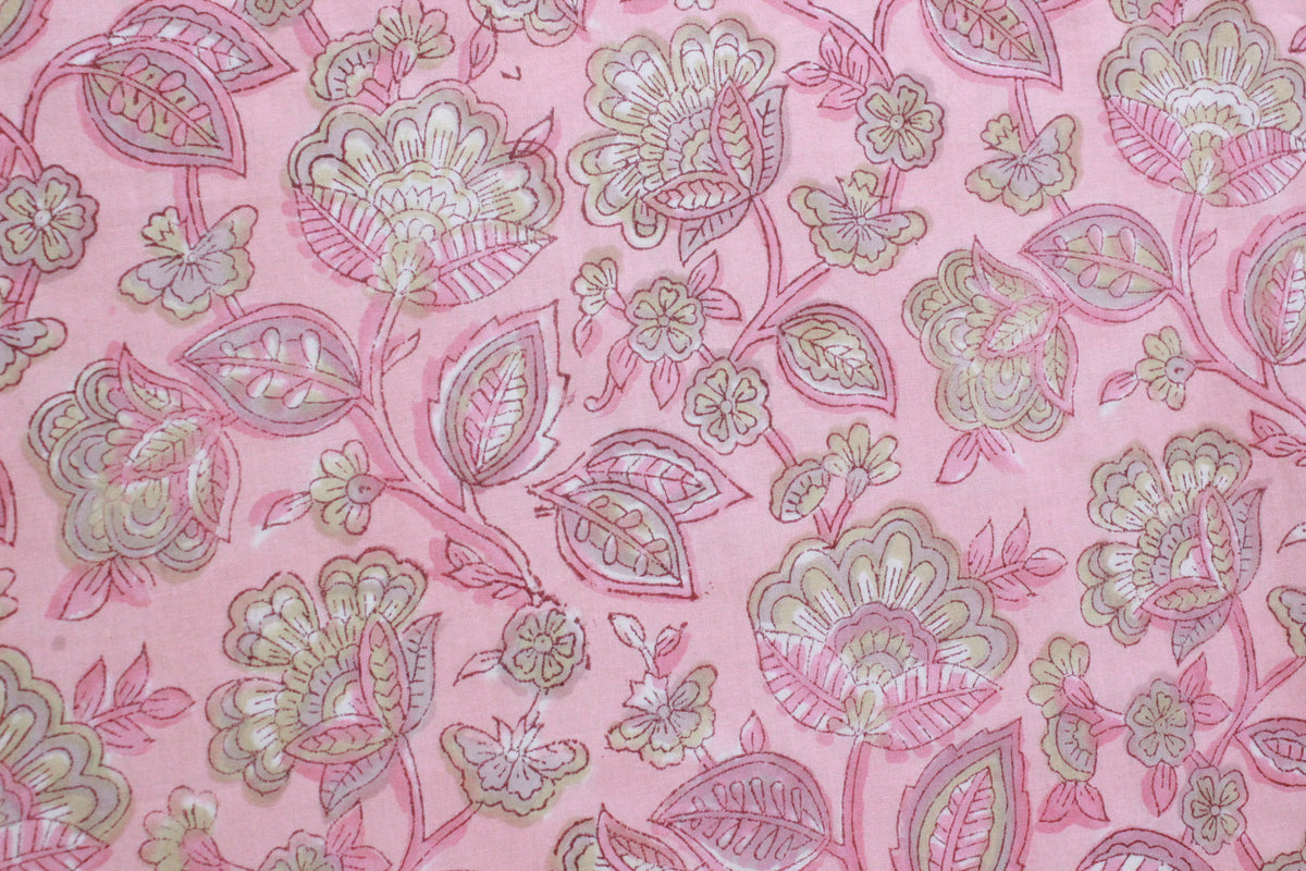Pink Floral Cotton Fabric: Hand Block Print Indian Fabric by the Yard