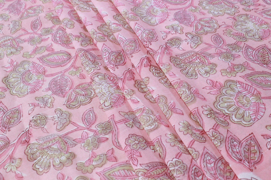 Pink Floral Cotton Fabric: Hand Block Print Indian Fabric by the Yard