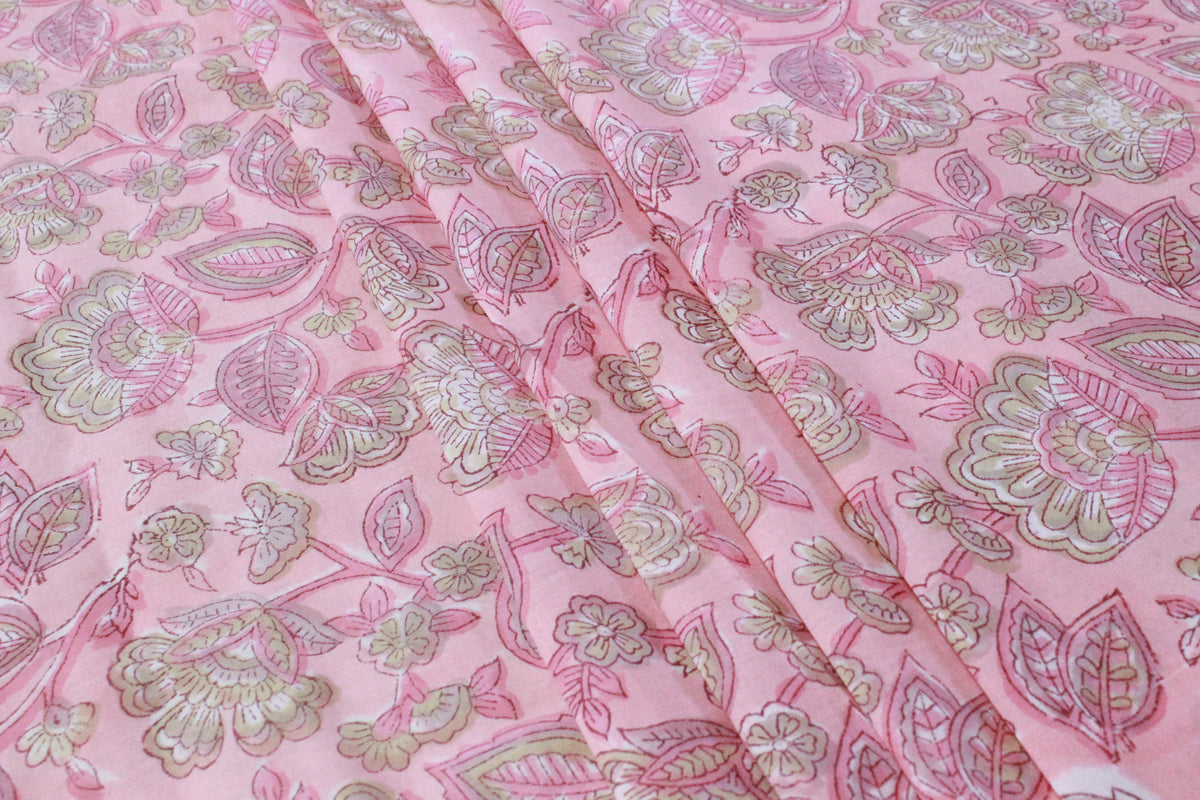 Pink Floral Cotton Fabric: Hand Block Print Indian Fabric by the Yard