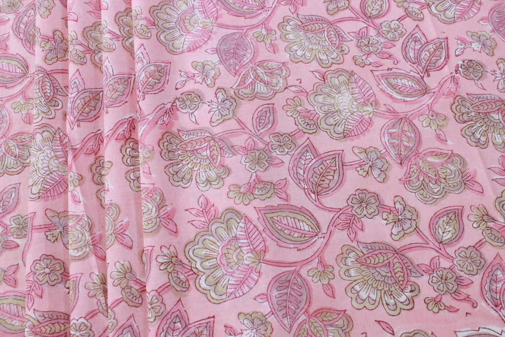 Pink Floral Cotton Fabric: Hand Block Print Indian Fabric by the Yard