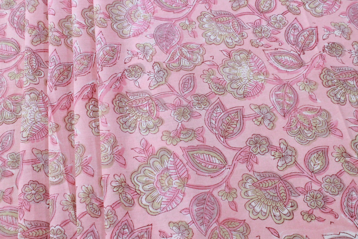Pink Floral Cotton Fabric: Hand Block Print Indian Fabric by the Yard