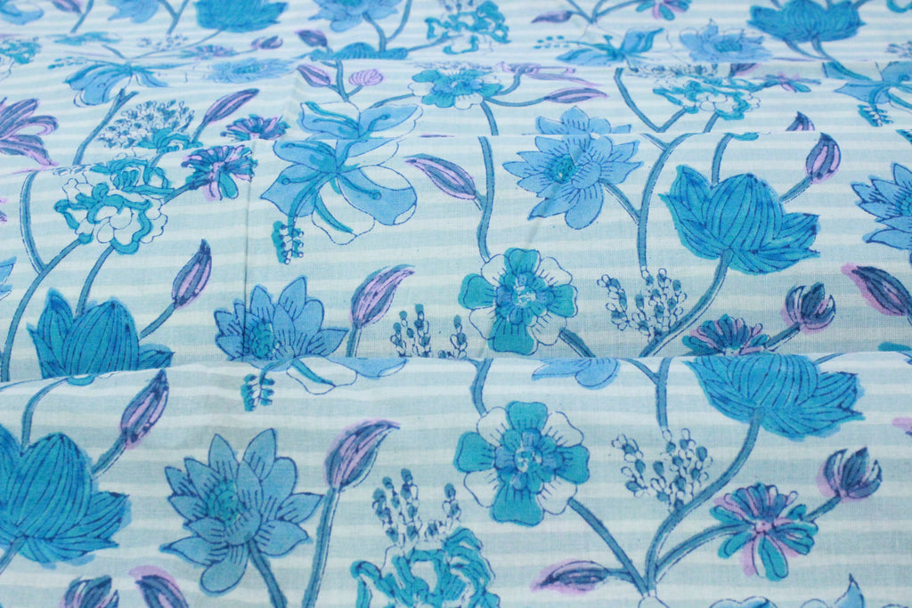 Blue Floral Cotton Fabric: Hand Block Print Indian Fabric by the Yard