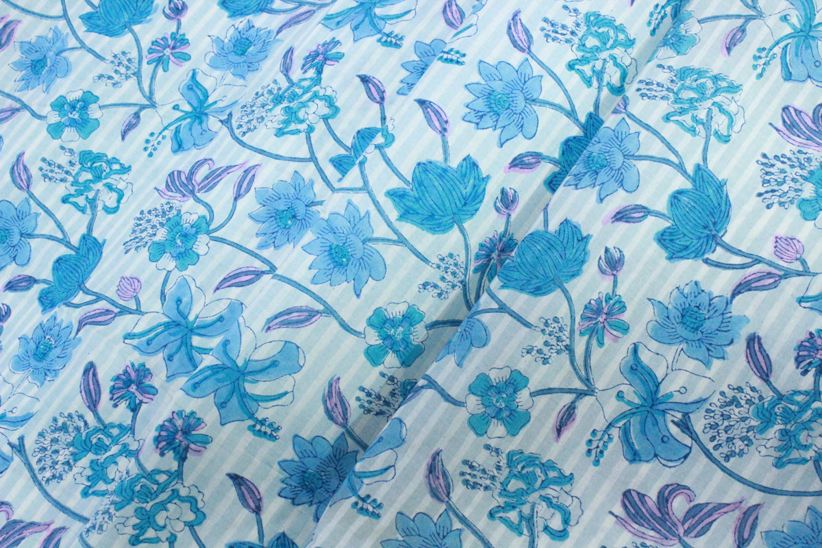 Blue Floral Cotton Fabric: Hand Block Print Indian Fabric by the Yard