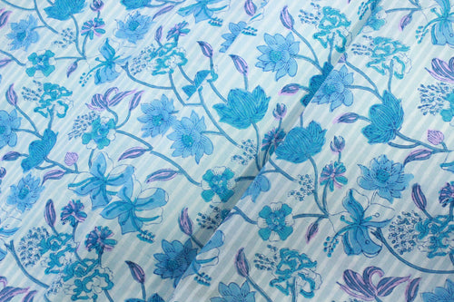 Blue Floral Cotton Fabric: Hand Block Print Indian Fabric by the Yard