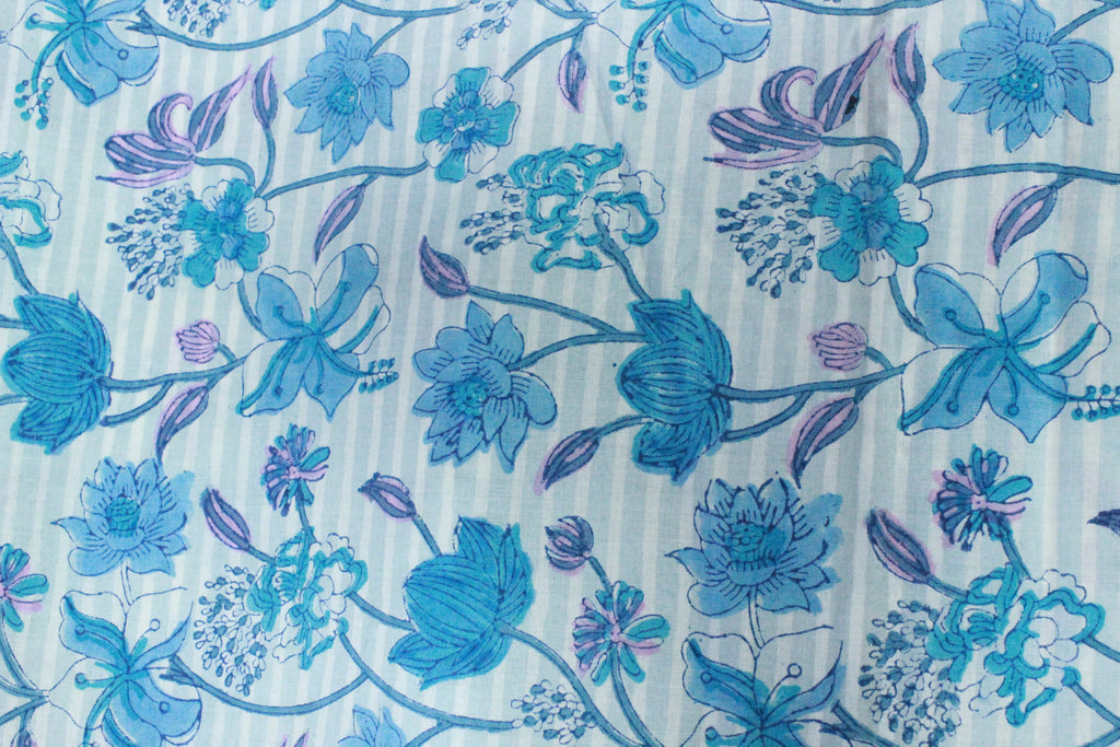 Blue Floral Cotton Fabric: Hand Block Print Indian Fabric by the Yard