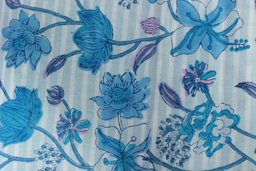 Blue Floral Cotton Fabric: Hand Block Print Indian Fabric by the Yard