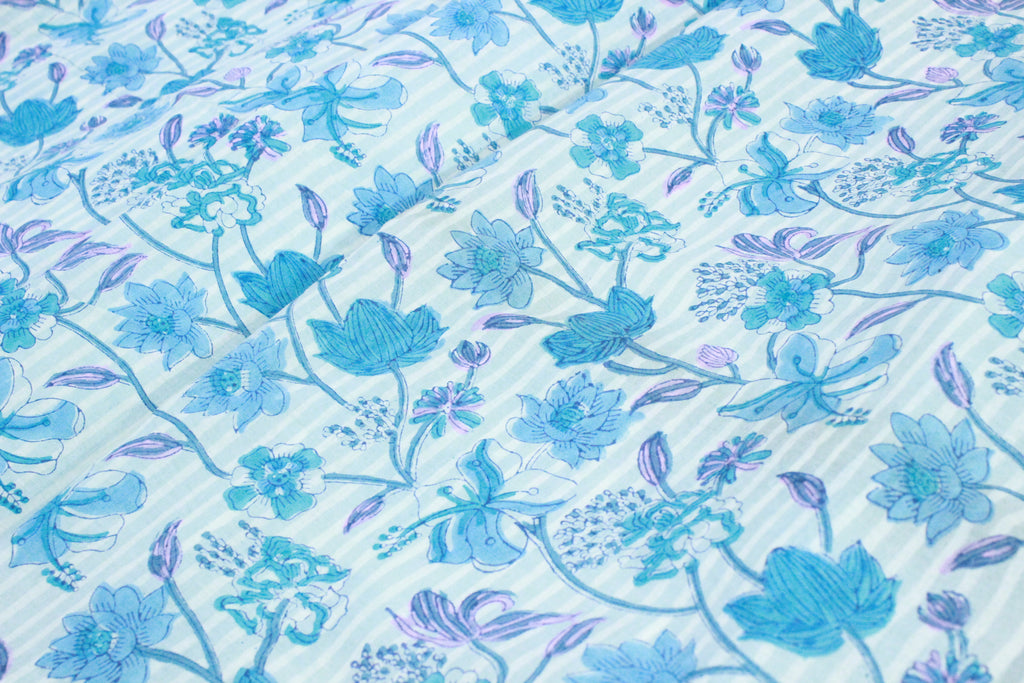 Blue Floral Cotton Fabric: Hand Block Print Indian Fabric by the Yard