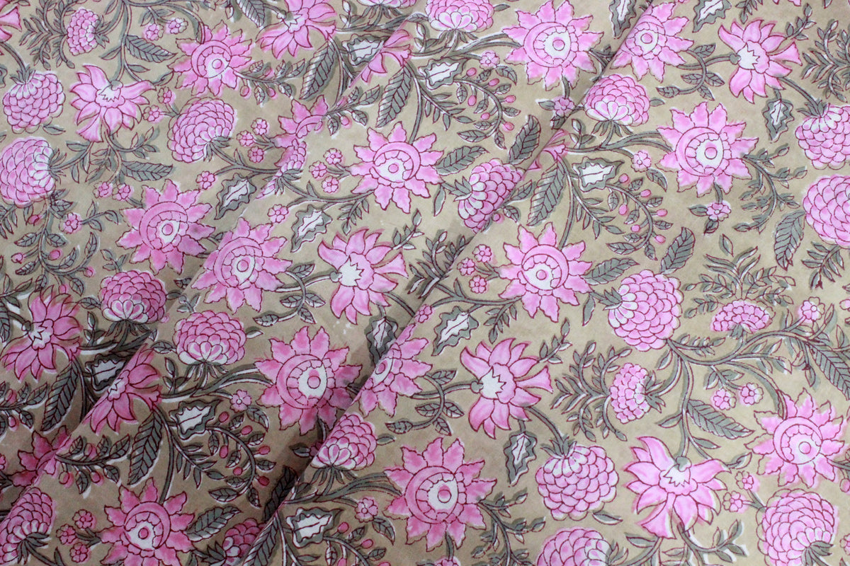 Floral Cotton Fabric: Brown & Pink Hand Block Print, Indian Mughal Style