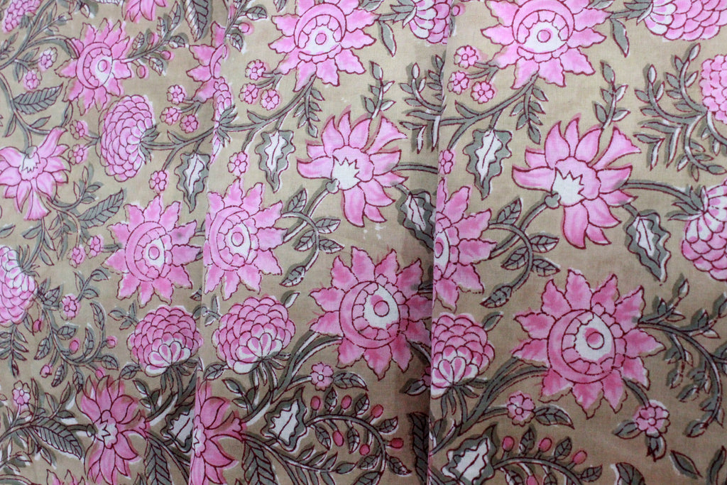 Floral Cotton Fabric: Brown & Pink Hand Block Print, Indian Mughal Style