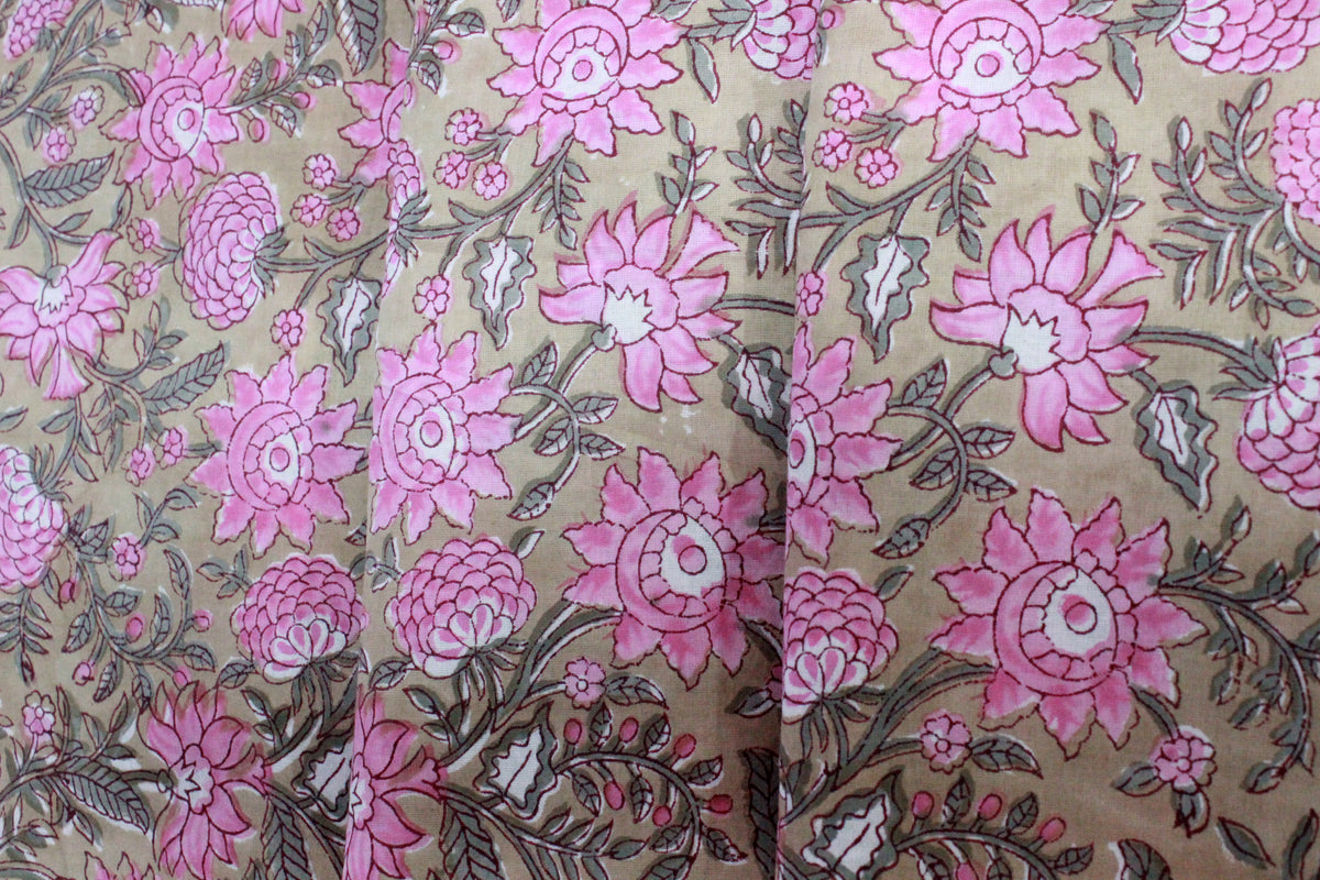 Floral Cotton Fabric: Brown & Pink Hand Block Print, Indian Mughal Style