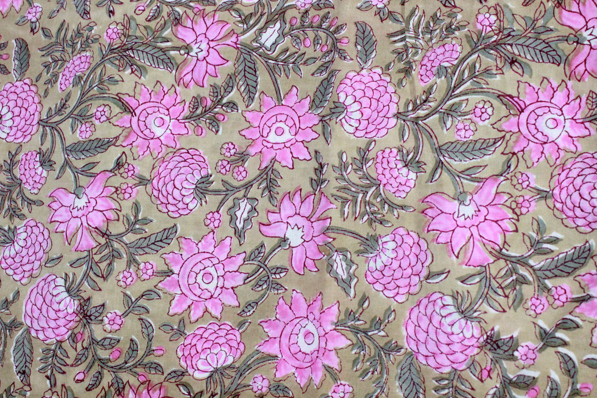 Floral Cotton Fabric: Brown & Pink Hand Block Print, Indian Mughal Style