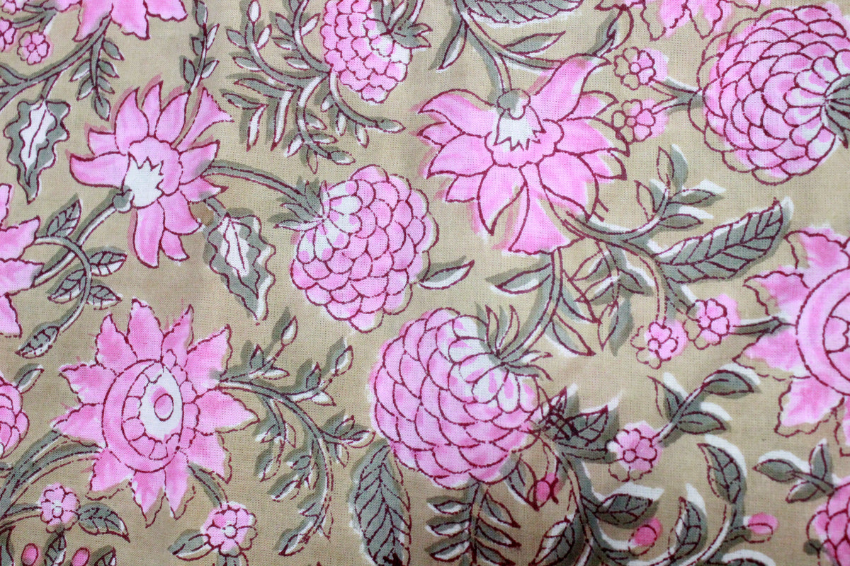 Floral Cotton Fabric: Brown & Pink Hand Block Print, Indian Mughal Style