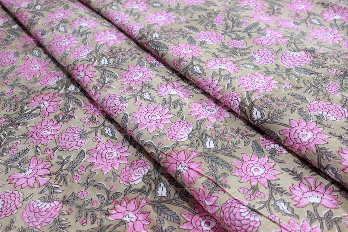Floral Cotton Fabric: Brown & Pink Hand Block Print, Indian Mughal Style
