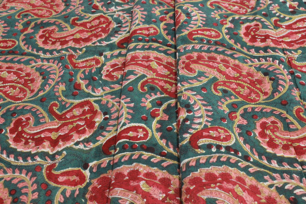 Hand Block Print Cotton Fabric: Red & Green Floral Mughal Print