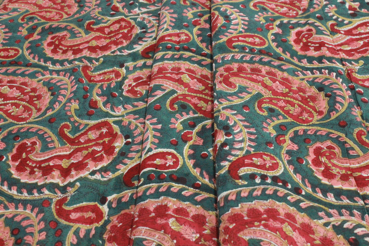 Hand Block Print Cotton Fabric: Red & Green Floral Mughal Print