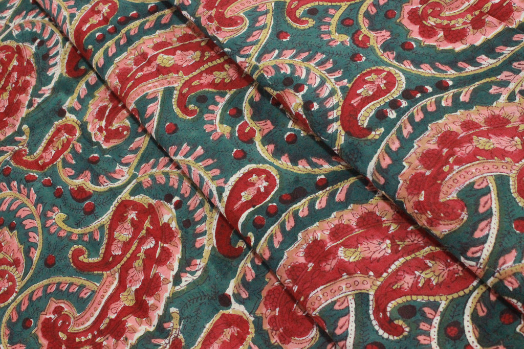 Hand Block Print Cotton Fabric: Red & Green Floral Mughal Print