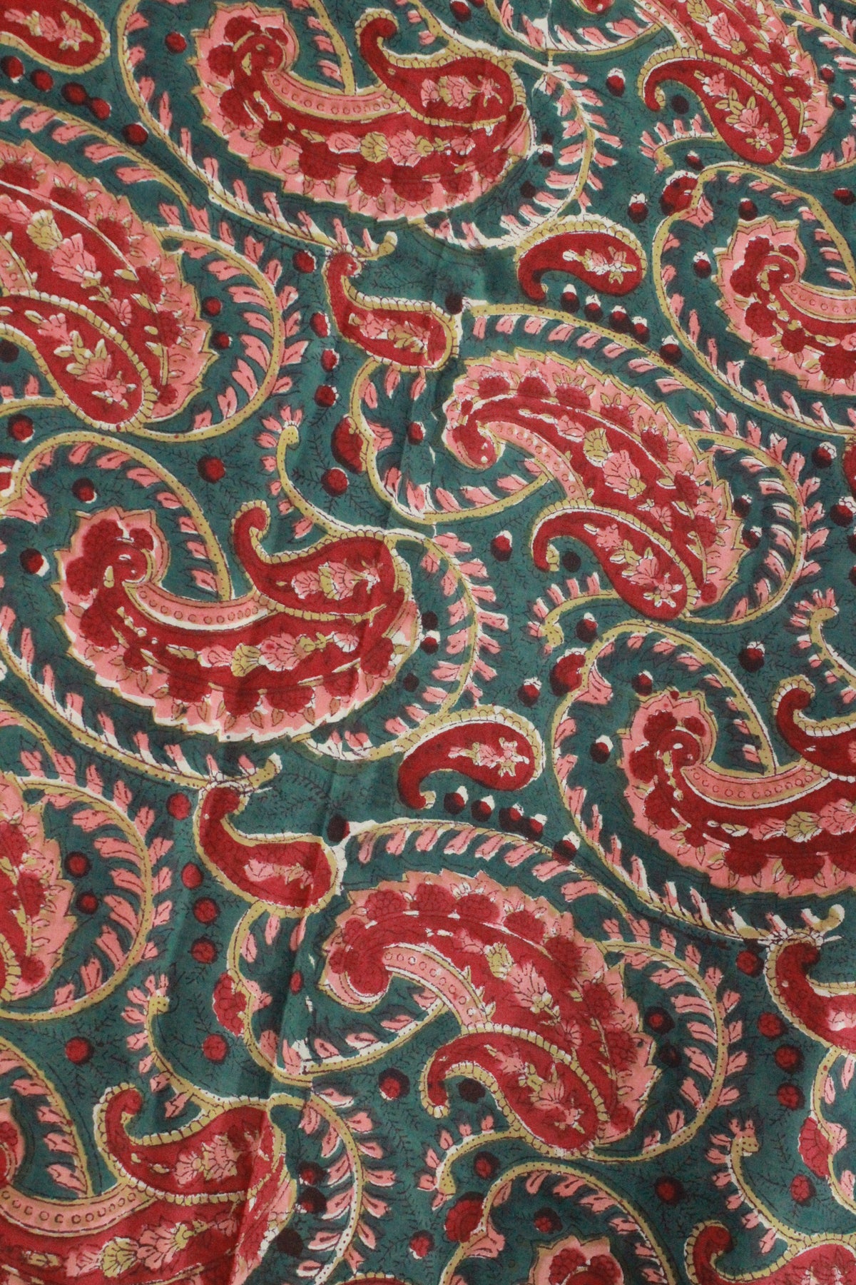 Hand Block Print Cotton Fabric: Red & Green Floral Mughal Print