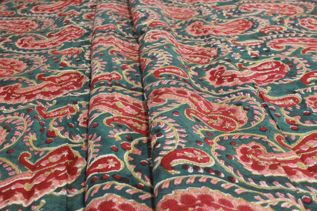 Hand Block Print Cotton Fabric: Red & Green Floral Mughal Print
