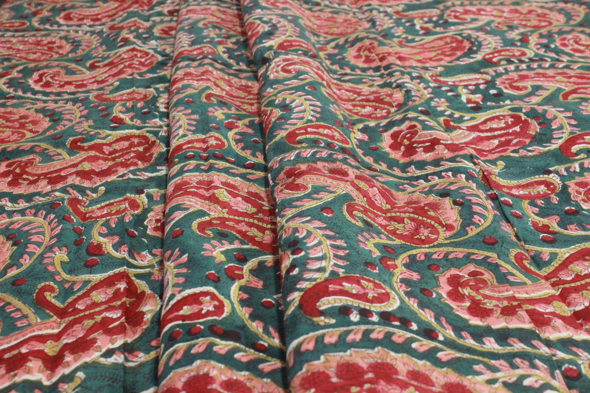 Hand Block Print Cotton Fabric: Red & Green Floral Mughal Print