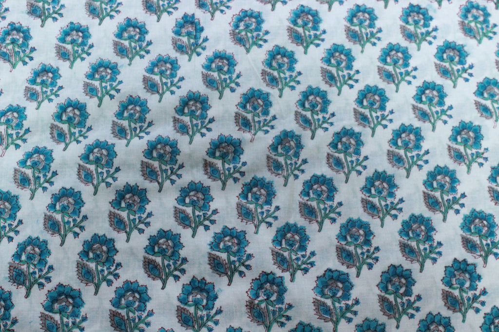 Blue Floral Cotton Fabric: Hand Block Print Indian Fabric by the Yard
