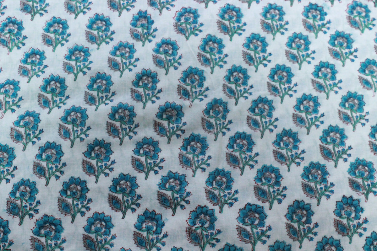 Blue Floral Cotton Fabric: Hand Block Print Indian Fabric by the Yard