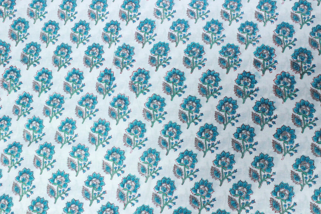 Blue Floral Cotton Fabric: Hand Block Print Indian Fabric by the Yard