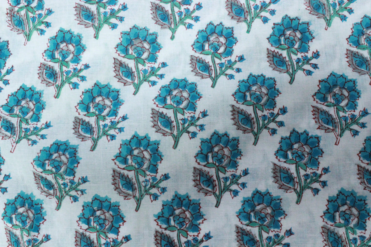 Blue Floral Cotton Fabric: Hand Block Print Indian Fabric by the Yard