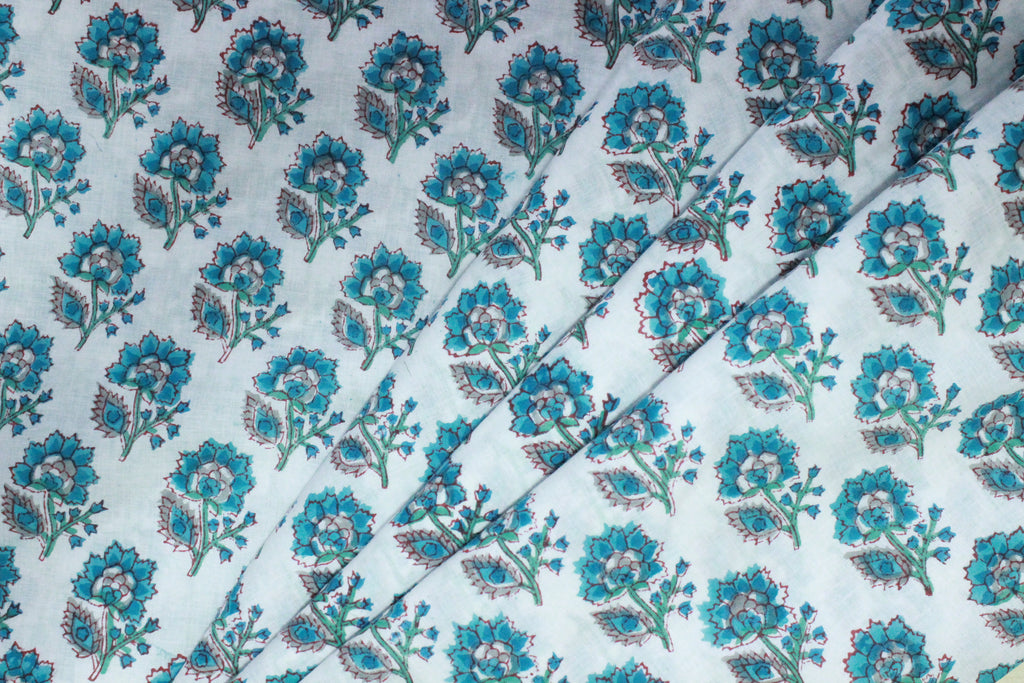 Blue Floral Cotton Fabric: Hand Block Print Indian Fabric by the Yard