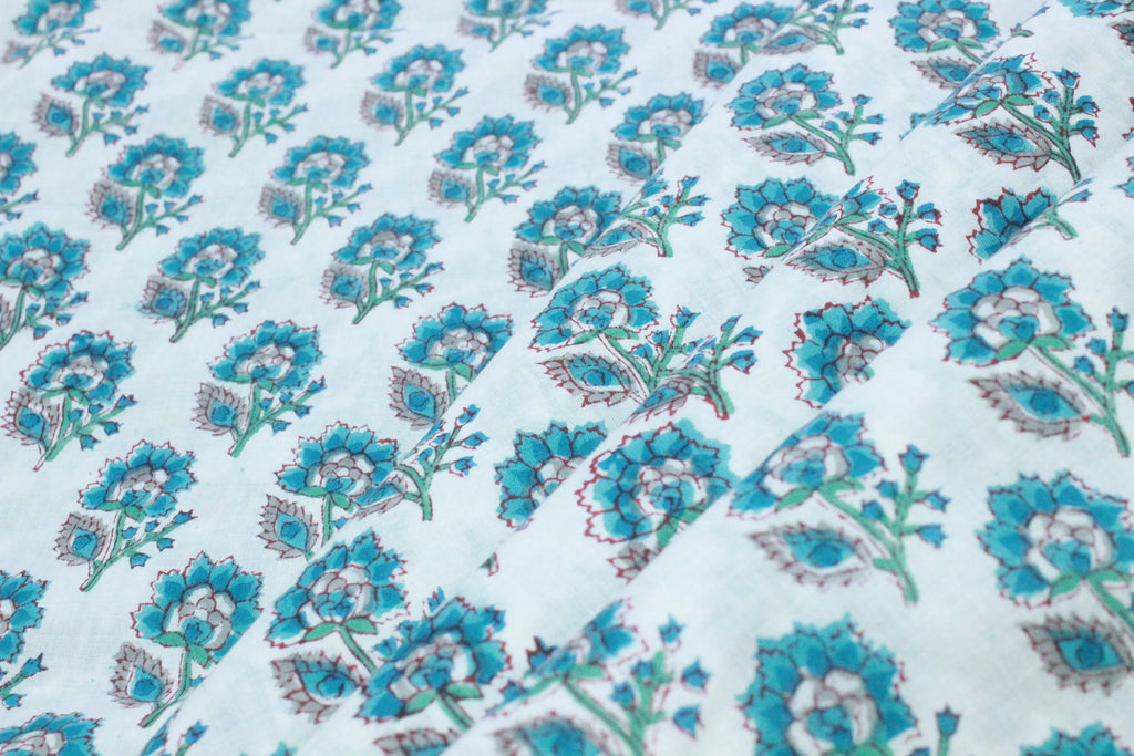 Blue Floral Cotton Fabric: Hand Block Print Indian Fabric by the Yard