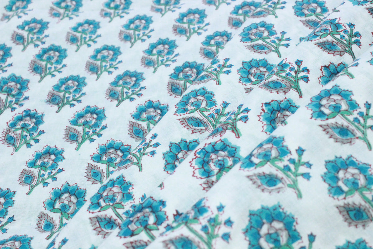 Blue Floral Cotton Fabric: Hand Block Print Indian Fabric by the Yard