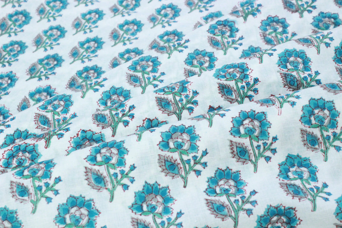 Blue Floral Cotton Fabric: Hand Block Print Indian Fabric by the Yard