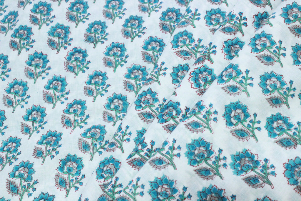 Blue Floral Cotton Fabric: Hand Block Print Indian Fabric by the Yard