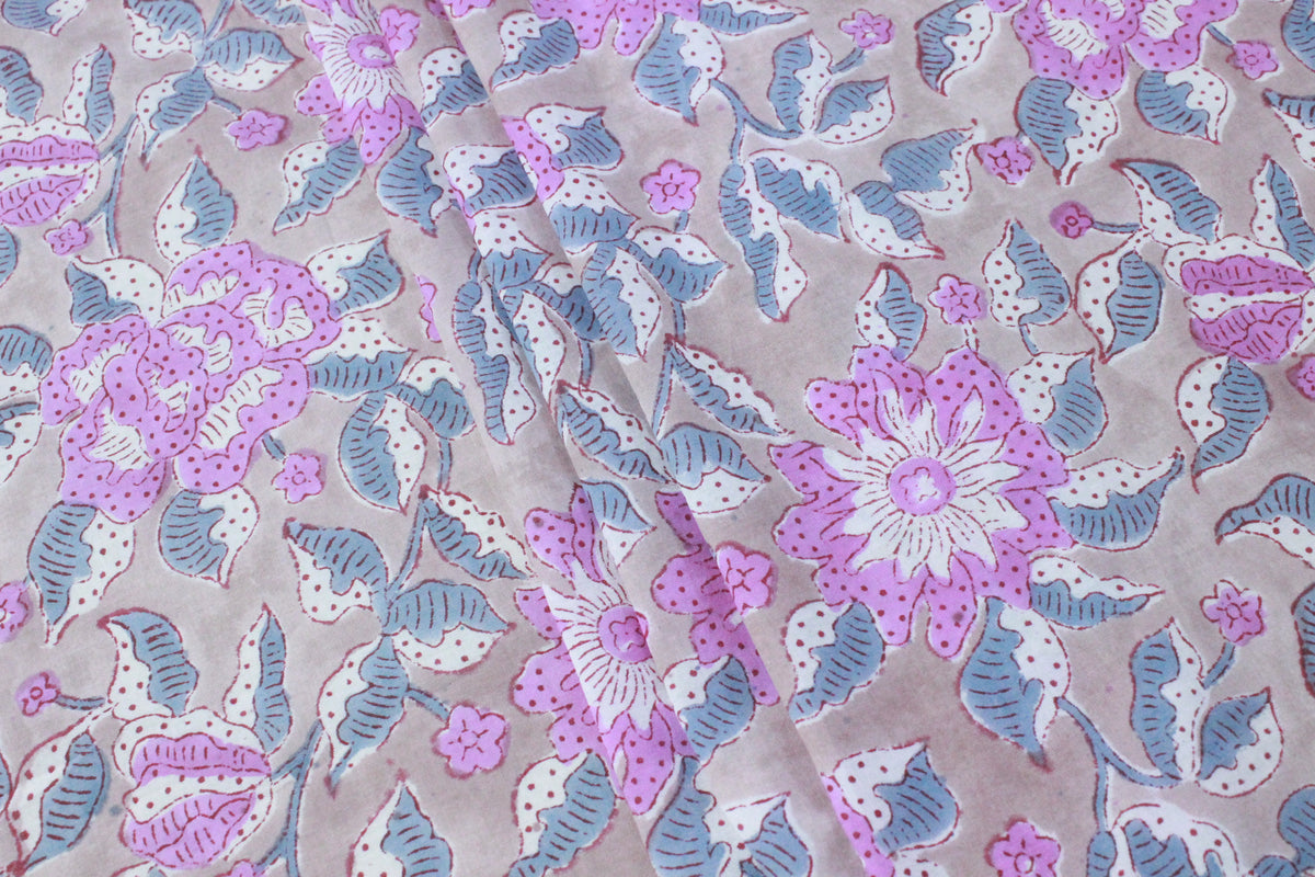 Hand Block Print Cotton Fabric, Pink Floral Indian Fabric by the Yard