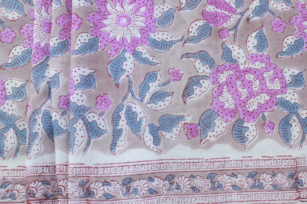 Hand Block Print Cotton Fabric, Pink Floral Indian Fabric by the Yard