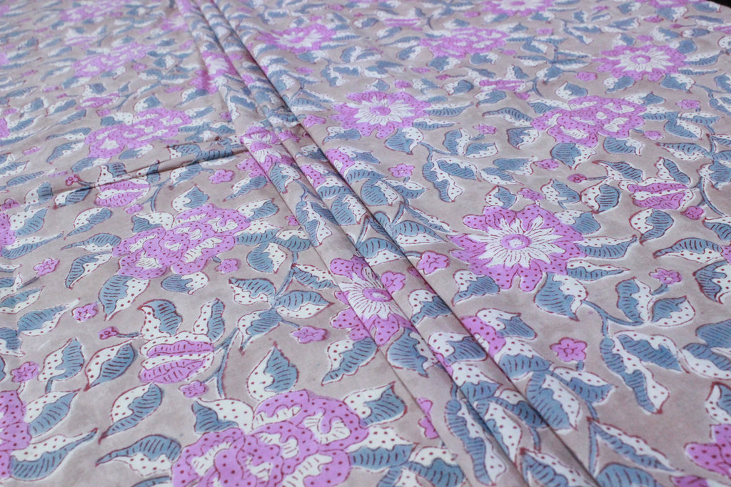Hand Block Print Cotton Fabric, Pink Floral Indian Fabric by the Yard