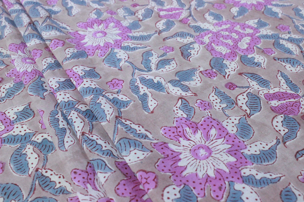 Hand Block Print Cotton Fabric, Pink Floral Indian Fabric by the Yard