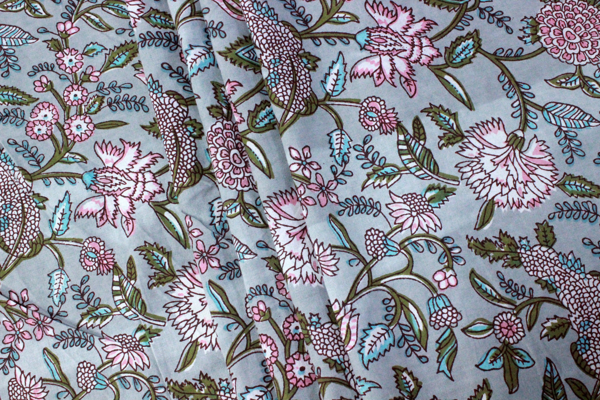 Hand Block Print Cotton Fabric: Blue & Pink Floral Mughal Design