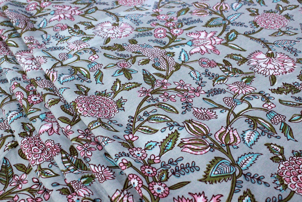 Hand Block Print Cotton Fabric: Blue & Pink Floral Mughal Design