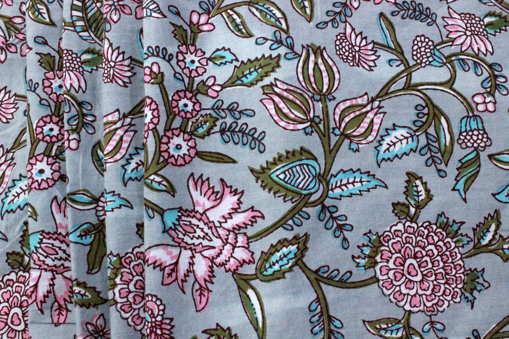 Hand Block Print Cotton Fabric: Blue & Pink Floral Mughal Design