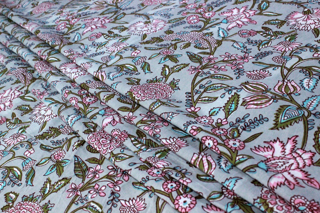 Hand Block Print Cotton Fabric: Blue & Pink Floral Mughal Design