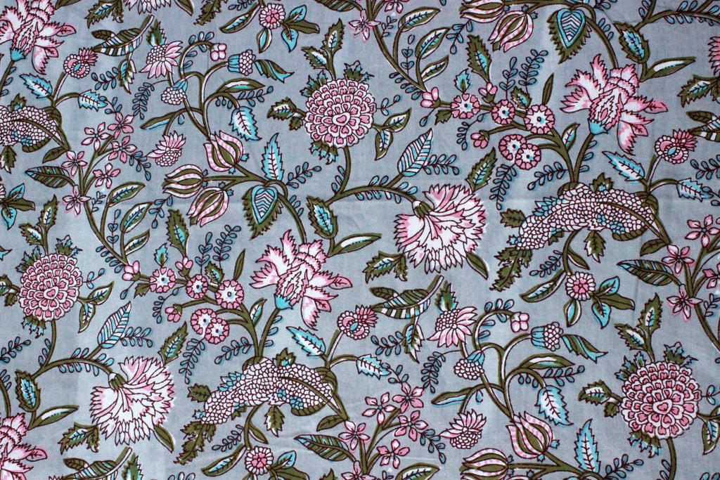 Hand Block Print Cotton Fabric: Blue & Pink Floral Mughal Design