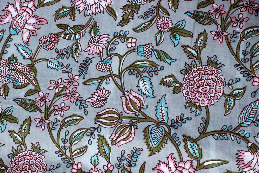 Hand Block Print Cotton Fabric: Blue & Pink Floral Mughal Design
